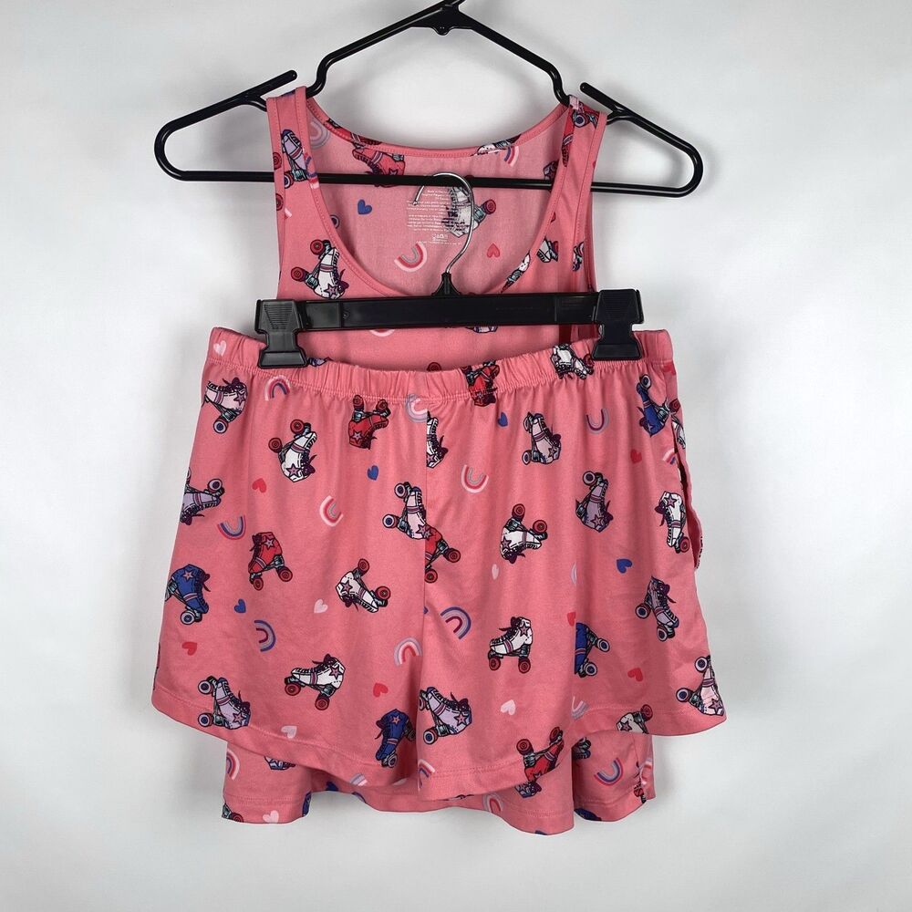 Joyspun Womens S 4-6 2pc Pajama Set Pink Retro Roller Skates Tank Top Shorts